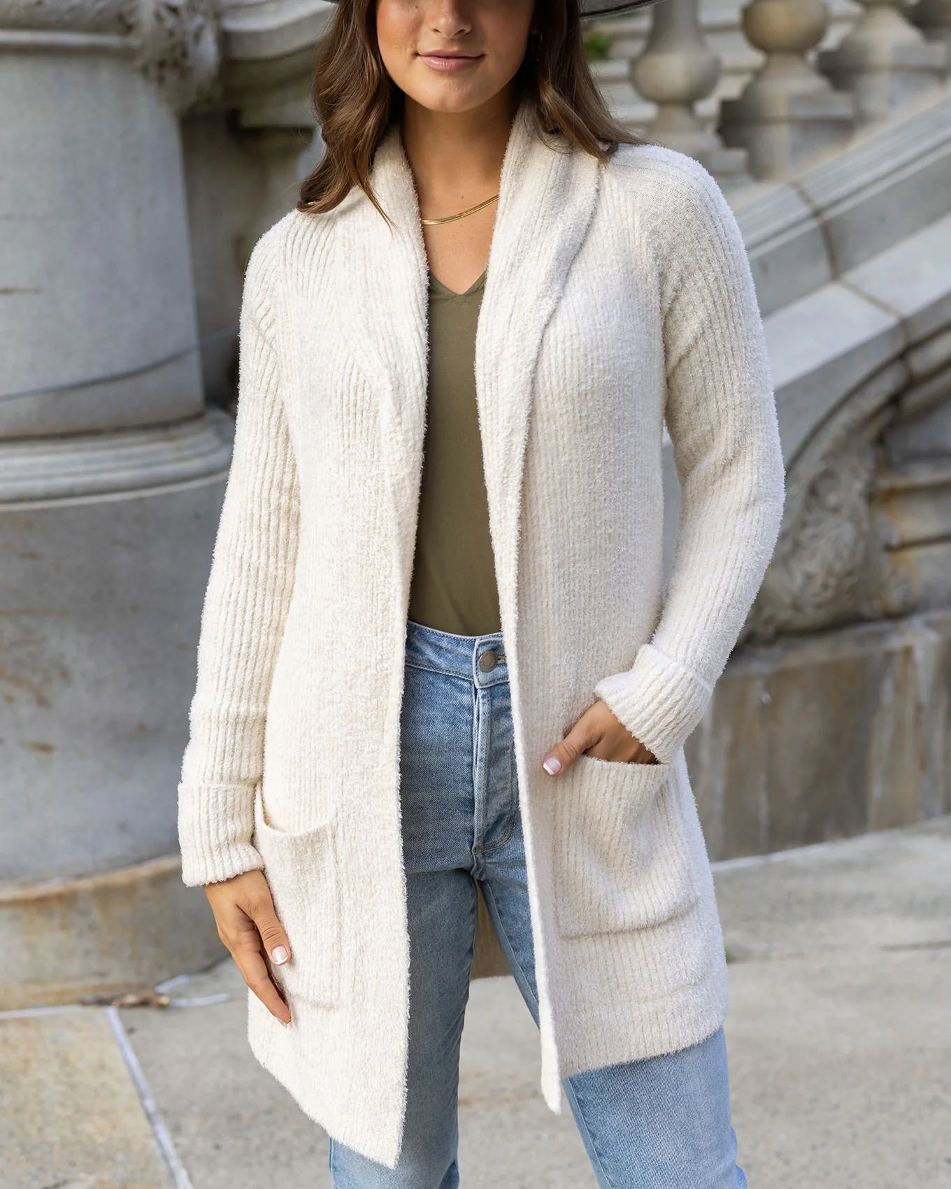 Bambu Cowl Neck Cardigan French White